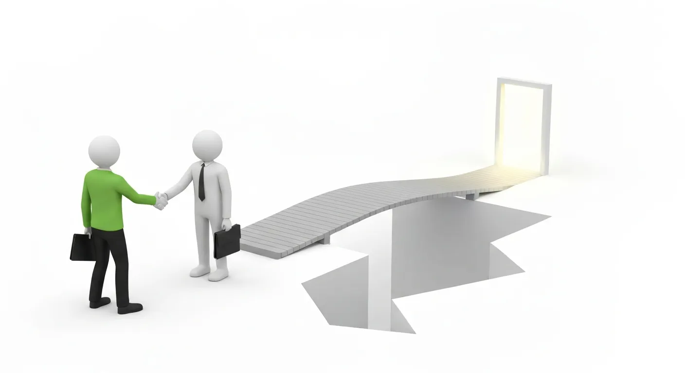 An illustration showing a salesperson and a gatekeeper shaking hands, their handshake forming a solid bridge over a gap. This bridge leads directly to a glowing door representing the decision-maker, symbolizing how building an alliance with the gatekeeper creates a path to success.