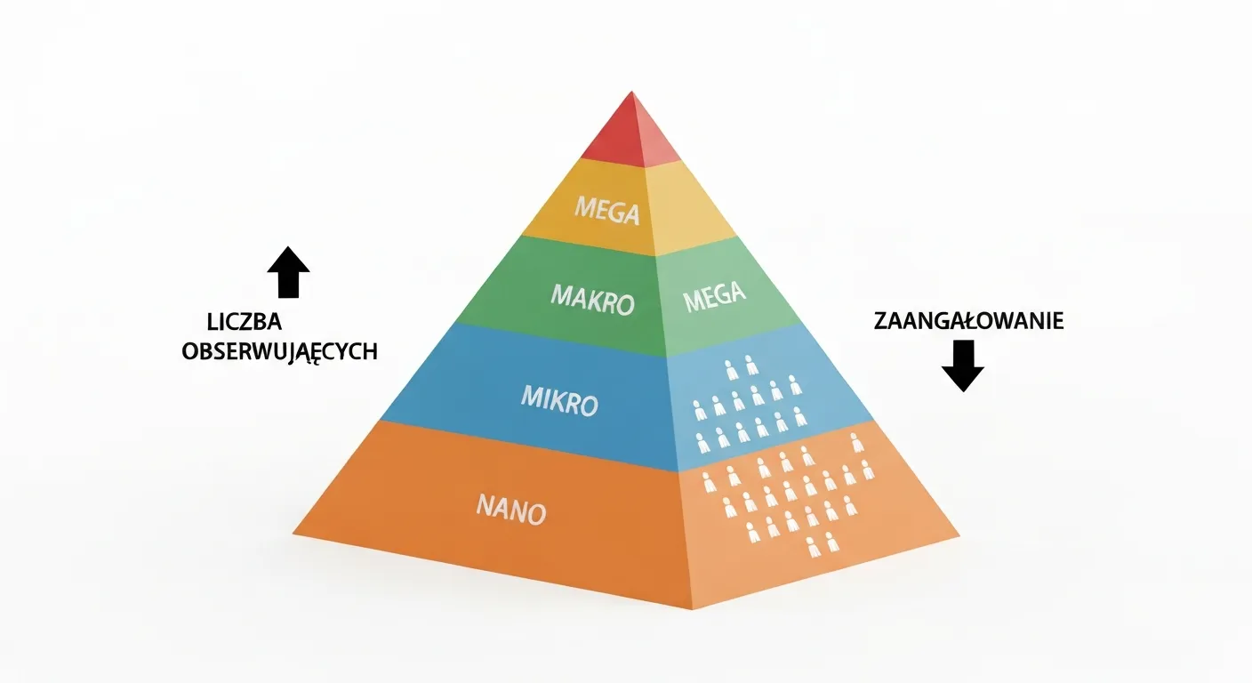 A clear infographic chart showing the pyramid of influencer types, from a wide base of nano-influencers to a narrow peak of mega-influencers, illustrating the relationship between follower count and audience size.
