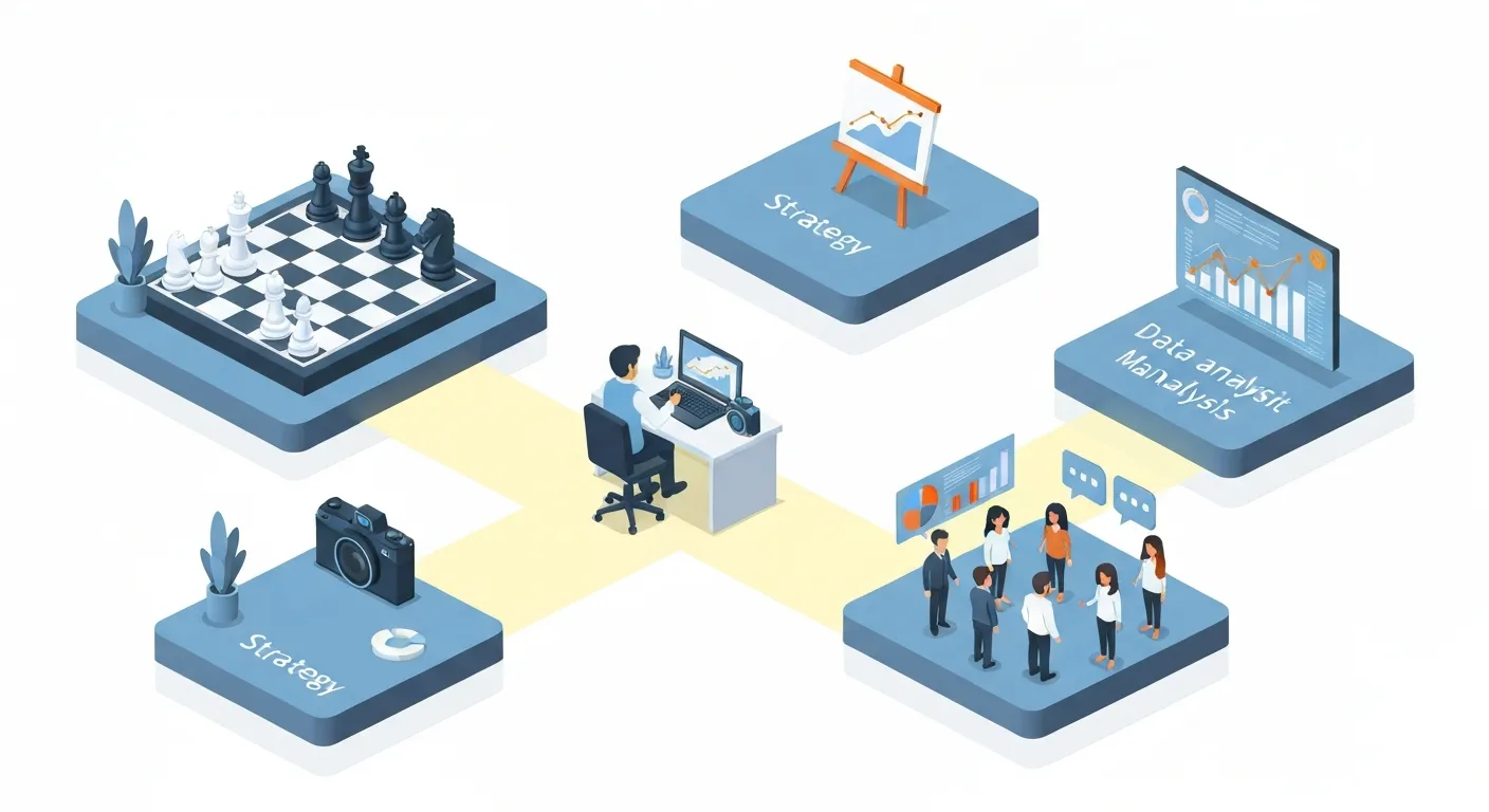 An isometric illustration showing a central desk of a social media manager connected to different functional islands representing key responsibilities: strategy, content creation, analytics, and community management.