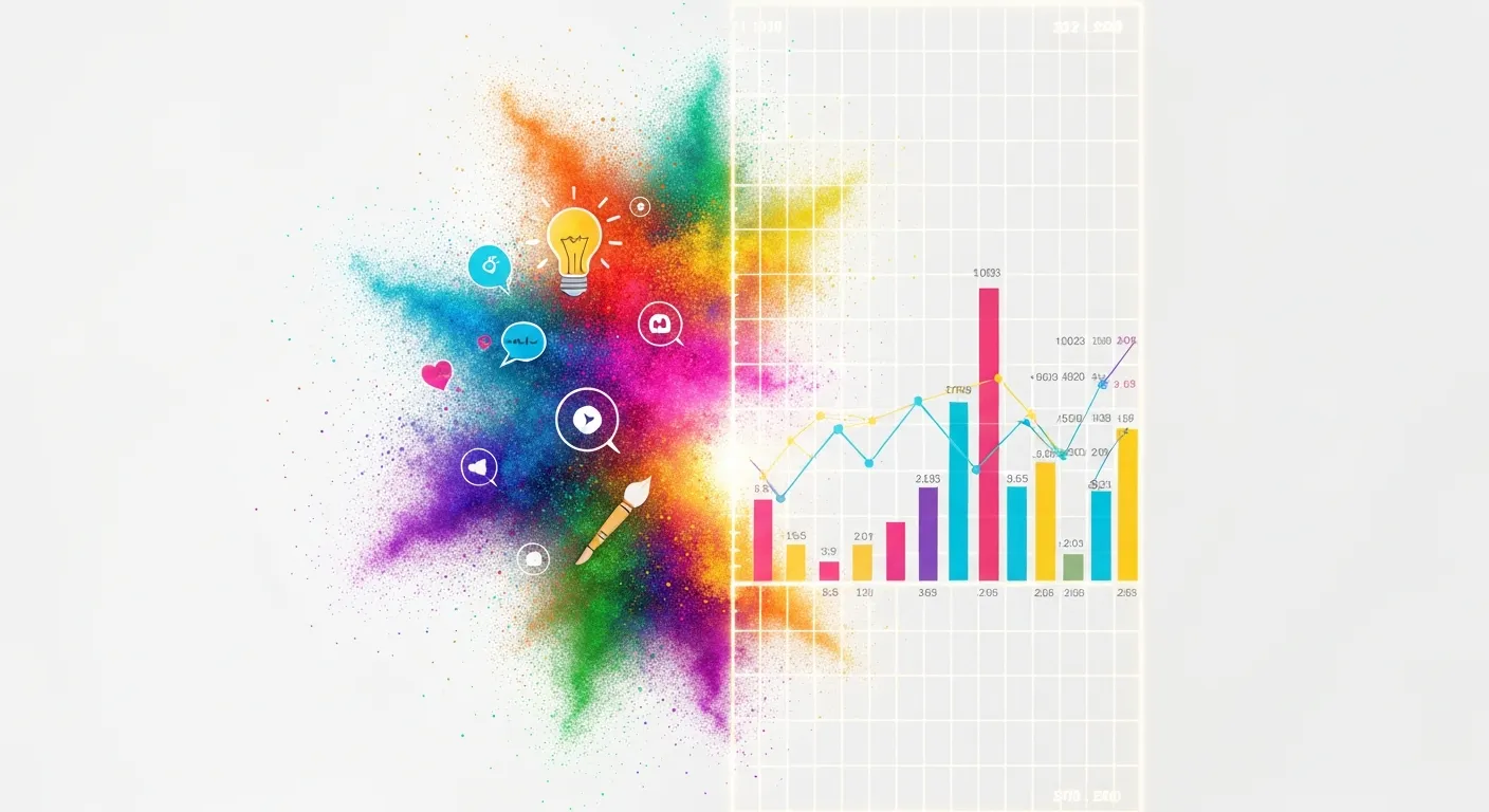 An abstract visualization showing a split image where one side is a colorful, creative swirl of ideas and the other is a structured, glowing grid of data points and graphs, representing the fusion of creativity and analytics.