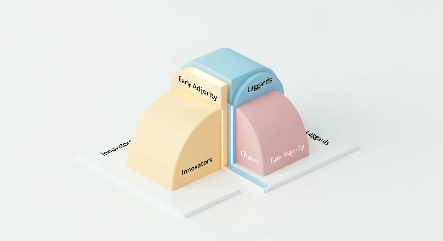 A 3D visualization of the Diffusion of Innovations bell curve, highlighting the critical 'Early Adopters' segment and the 'chasm' that separates them from the 'Early Majority'.
