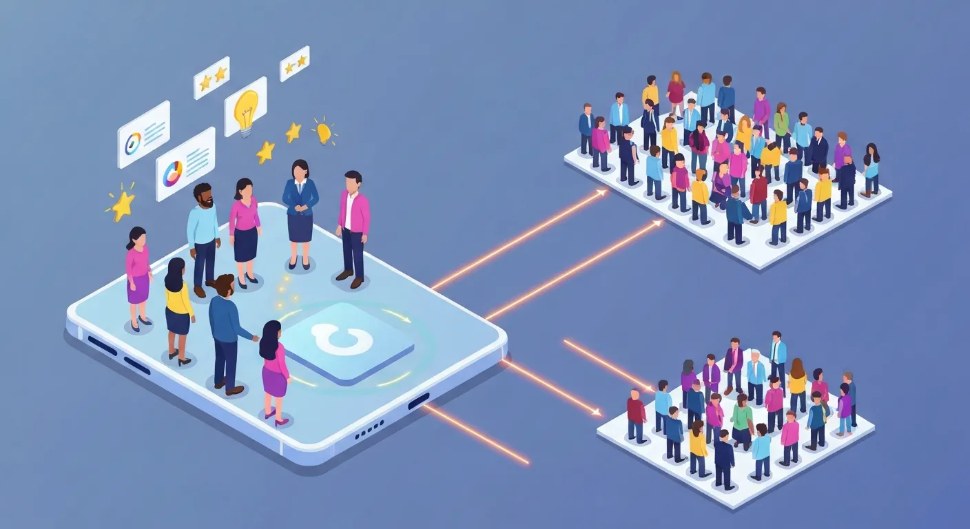 An isometric illustration showing early adopters providing valuable feedback on a new product, with their positive recommendations spreading like a network to the wider mass market.
