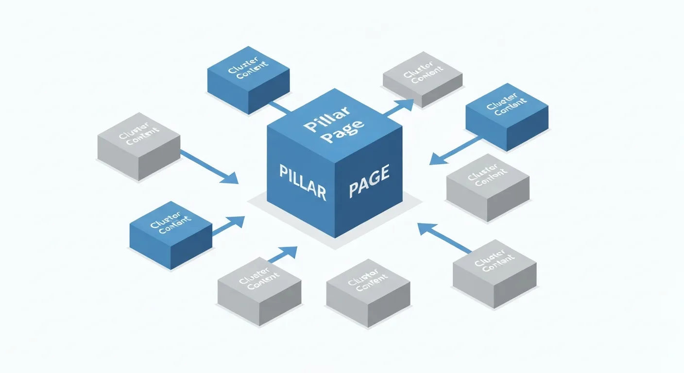 Diagram w stylu izometrycznym ilustrujący strukturę klastra tematycznego. W centrum znajduje się duży blok z napisem 'Strona Filarowa', a wokół niego rozmieszczone są mniejsze bloki z napisem 'Treści Klastrowe'. Dwukierunkowe strzałki łączą każdy mniejszy blok z centralnym, obrazując strategię linkowania wewnętrznego.