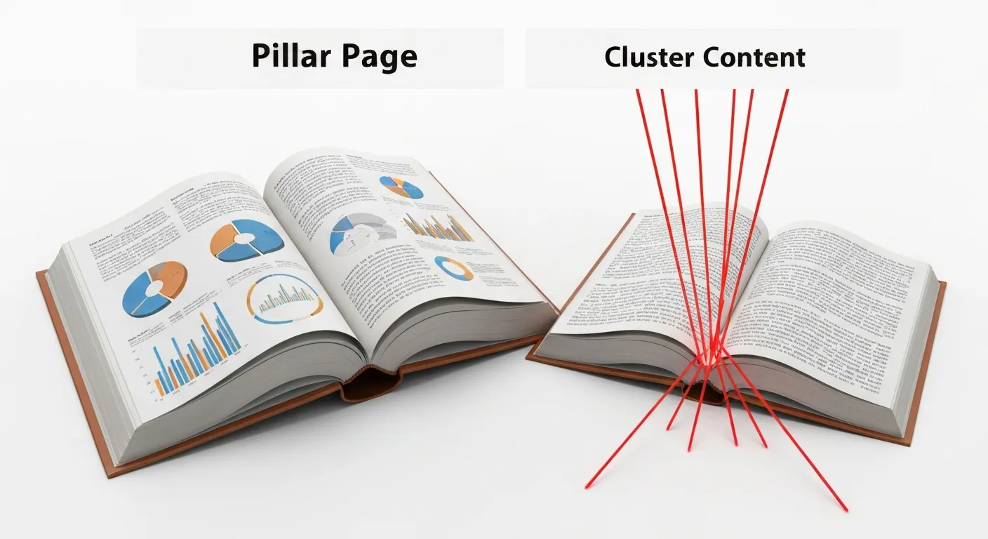 Wizualne porównanie strony filarowej i treści klastrowych. Po lewej stronie znajduje się duży, otwarty przewodnik symbolizujący obszerną stronę filarową. Po prawej stronie widać kilka precyzyjnych narzędzi, takich jak lupa i skalpel, skupionych na jednym, małym akapicie, co symbolizuje dogłębną analizę w treściach klastrowych.