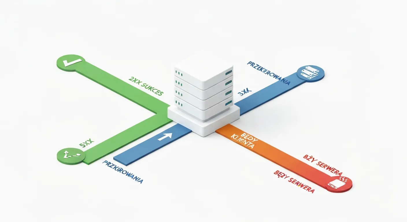 Ilustracja izometryczna kategoryzująca kody stanu HTTP na cztery główne grupy: 2xx (sukces), 3xx (przekierowania), 4xx (błędy klienta) i 5xx (błędy serwera), każda z odpowiednią ikoną i kolorem.