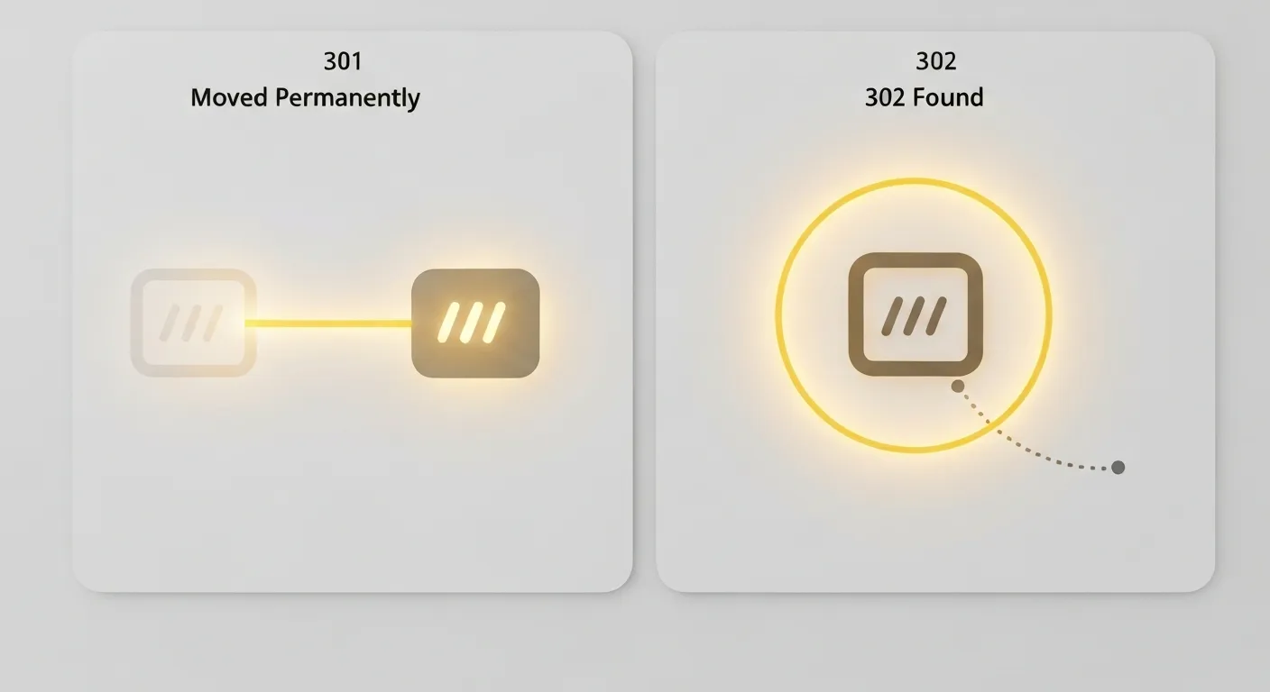 Wizualizacja porównująca przekierowanie 301 (trwałe), gdzie 'moc SEO' jest przenoszona na nowy adres, z przekierowaniem 302 (tymczasowe), gdzie moc pozostaje przy starym adresie URL.