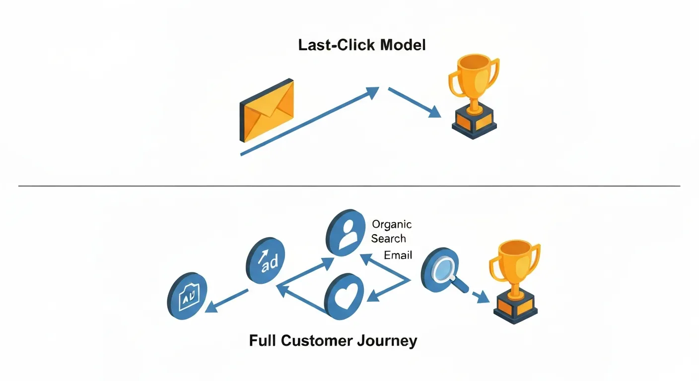 Graficzne porównanie prostej ścieżki 'ostatniego kliknięcia' z kompleksową, wielopunktową ścieżką klienta. Ilustracja pokazuje, jak model last-click ignoruje wcześniejsze interakcje, które są kluczowe dla konwersji.