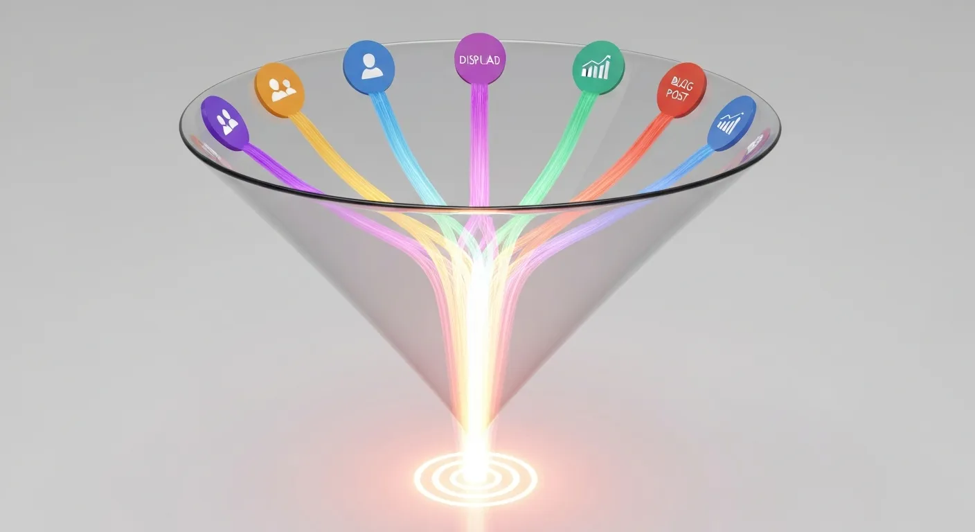 Abstrakcyjna wizualizacja przedstawiająca lejek marketingowy jako zintegrowany ekosystem. Różne kanały, takie jak social media i content marketing, wlewają strumienie danych, które łączą się, aby doprowadzić do konwersji na dole lejka.
