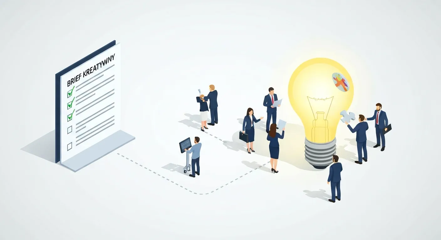Ilustracja izometryczna przedstawiająca proces tworzenia kampanii reklamowej, zaczynając od dokumentu briefu kreatywnego, a kończąc na zespole budującym symbol 'Wielkiej Idei'.