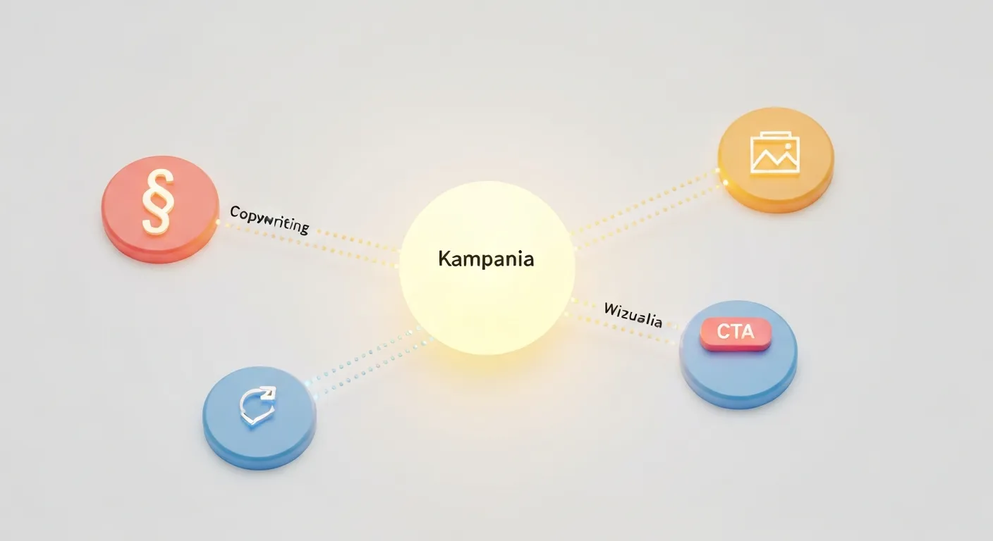 Abstrakcyjna wizualizacja danych pokazująca kluczowe elementy składowe skutecznej kreacji reklamowej: tekst, obraz i wezwanie do działania, połączone w spójną całość.