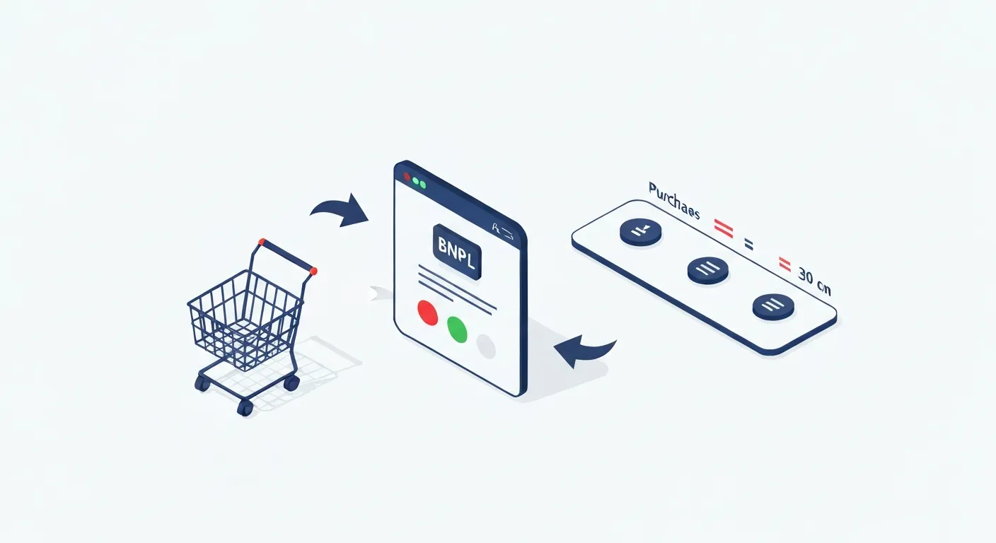 Ilustracja izometryczna pokazująca krok po kroku, jak działa usługa BNPL. Grafika przedstawia ścieżkę od dodania produktu do koszyka, przez wybór opcji płatności odroczonej, aż po finalny harmonogram spłat podzielony na kilka mniejszych części. Całość na białym tle.
