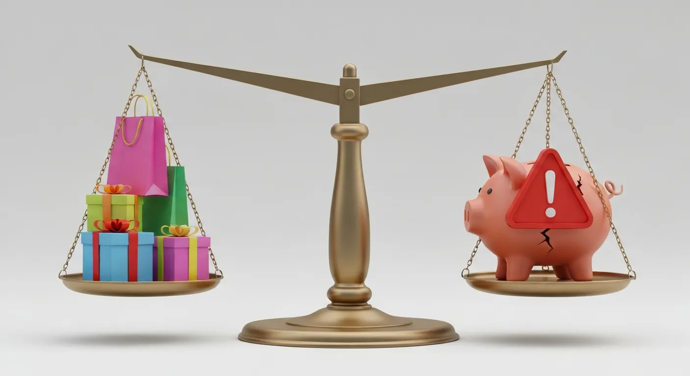 Koncepcyjna grafika przedstawiająca wagę szalkową, która równoważy zalety i wady BNPL. Po jednej stronie wagi znajdują się kolorowe torby z zakupami symbolizujące wygodę, a po drugiej stronie pęknięta skarbonka i czerwony znak ostrzegawczy, ilustrujące ryzyko zadłużenia.