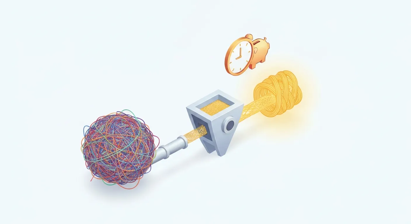 An abstract visualization of the content curation process, showing raw information being filtered and refined into a single, high-value piece, saving time and resources.