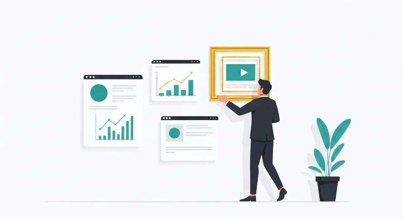 A conceptual illustration of a museum curator carefully selecting the best digital artworks for an exhibition, symbolizing the art of content curation and building authority.