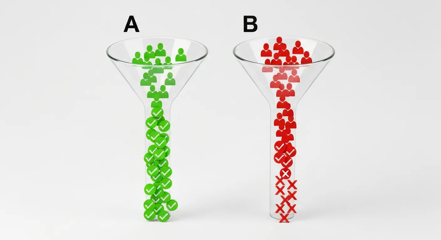 A data visualization graphic illustrating the concept of a marketing funnel and A/B testing. Two separate streams of user icons enter two slightly different funnels (A and B), with funnel A showing a significantly higher output of 'lead' icons, demonstrating a successful test.