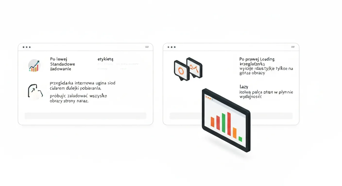 Schemat porównujący tradycyjne ładowanie strony z lazy loading. Po lewej stronie przeglądarka z trudem pobiera wszystkie obrazy na raz, co symbolizuje duże obciążenie. Po prawej, ta sama przeglądarka płynnie ładuje obrazy pojedynczo w miarę przewijania przez użytkownika.