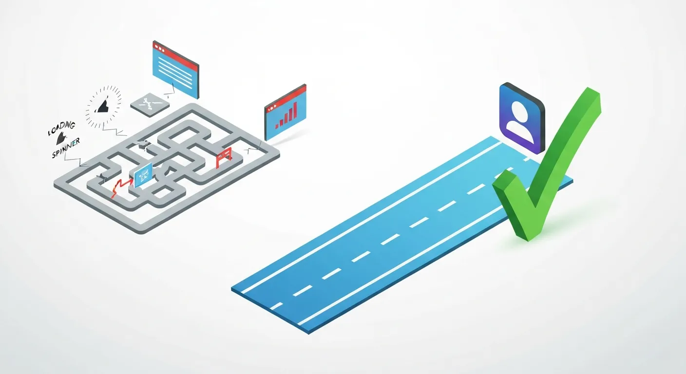 Ilustracja porównująca dwie ścieżki pozyskiwania leadów: po lewej skomplikowana i długa droga do landing page'a, a po prawej prosta i bezpośrednia autostrada, symbolizująca lead form ads.