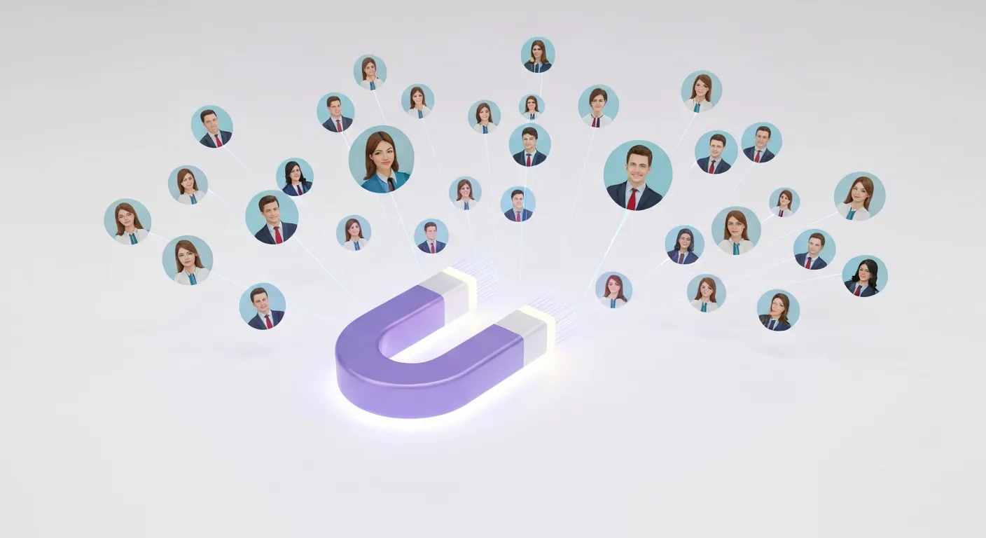 Abstrakcyjna wizualizacja 'lead magnetu' jako potężnego, świecącego magnesu przyciągającego idealne profile klientów spośród tłumu, co symbolizuje skuteczne targetowanie.