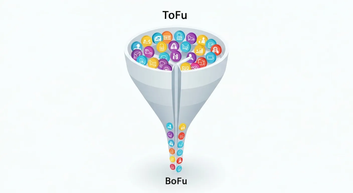 An isometric illustration of a sales funnel clearly showing the segmentation of leads. Diverse customer icons enter the top (ToFu), are sorted into specific pathways in the middle (MoFu), and emerge as qualified customers at the bottom (BoFu).