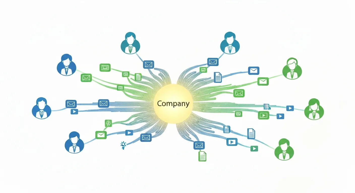 An abstract data visualization showing a central brand hub connecting to multiple, distinct customer profiles. Each connection is a unique path made of different content icons, illustrating personalized communication in lead nurturing.