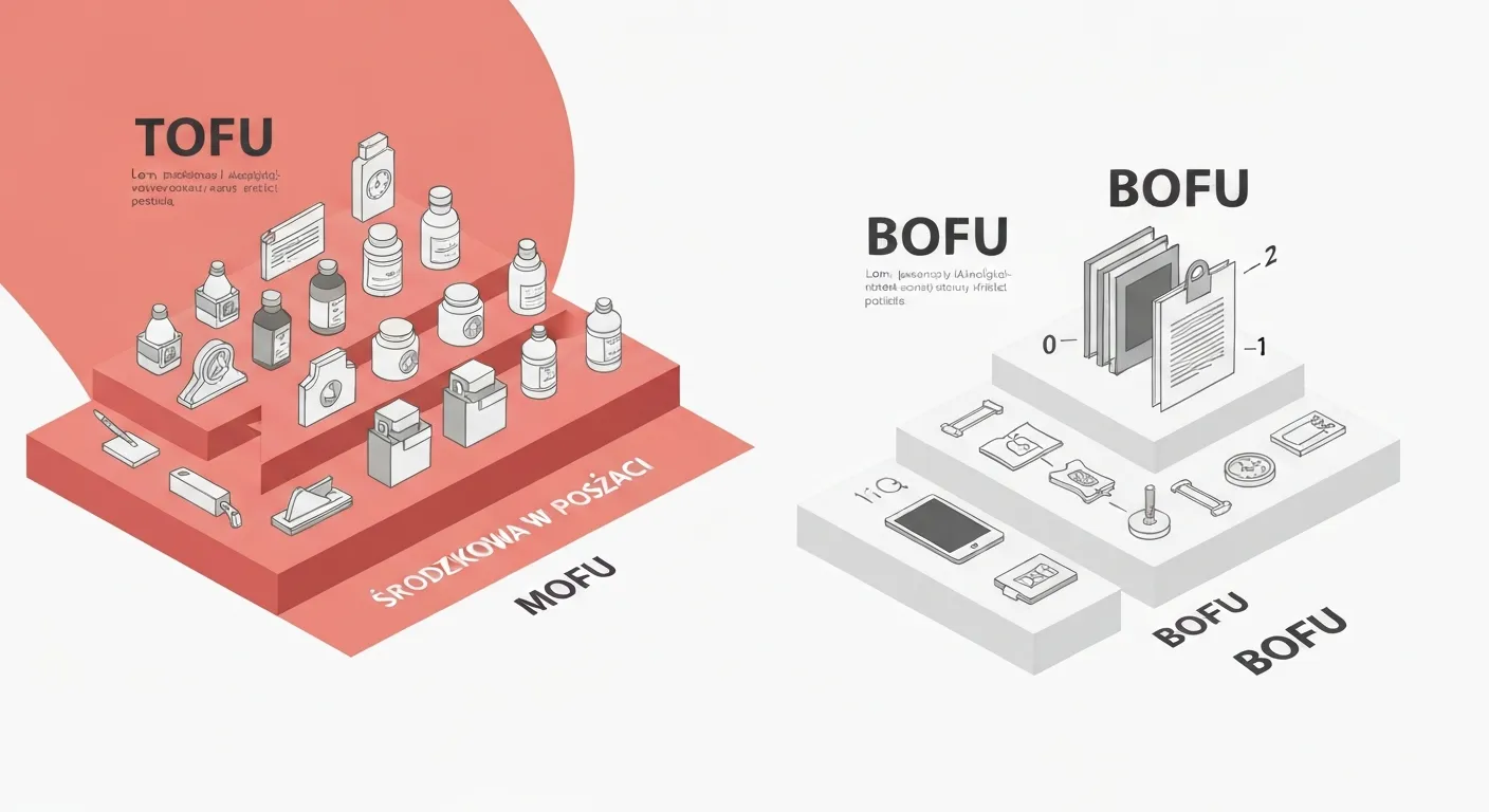 Ilustracja 3D przedstawiająca anatomię lejka marketingowego, podzielonego na trzy wyraźne etapy: TOFU, MOFU i BOFU, demonstrująca przepływ i kwalifikację potencjalnych klientów.