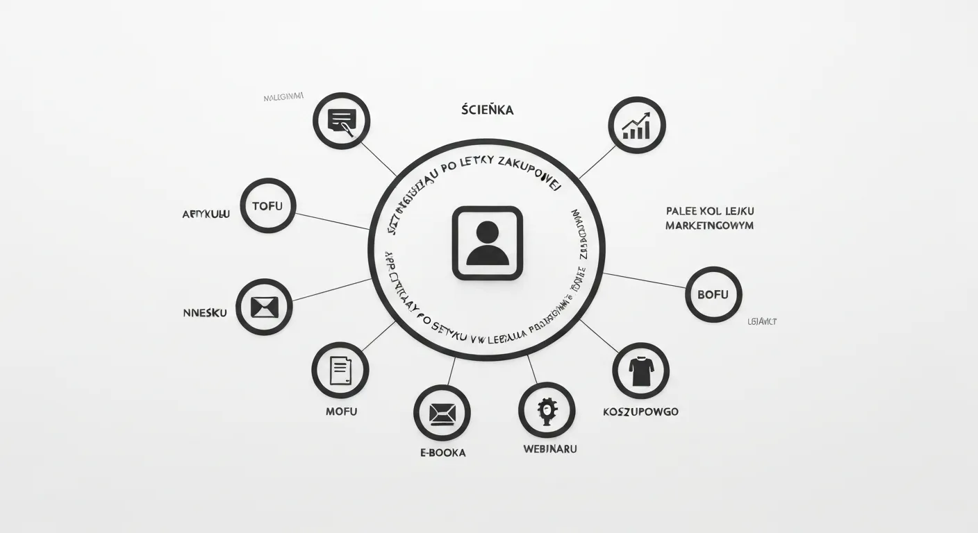 Graficzna reprezentacja procesu definiowania persony i mapowania podróży klienta, gdzie strategiczna ścieżka łączy profil klienta z kluczowymi punktami styku z marką.