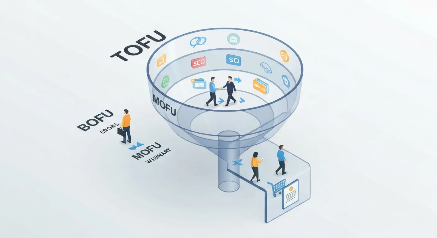 Izometryczna ilustracja przedstawiająca trzy etapy lejka sprzedażowego: TOFU, MOFU i BOFU. Każdy etap jest oznaczony i zawiera ikony reprezentujące odpowiednie działania marketingowe, takie jak blogi, webinary i finalizacja zakupu.