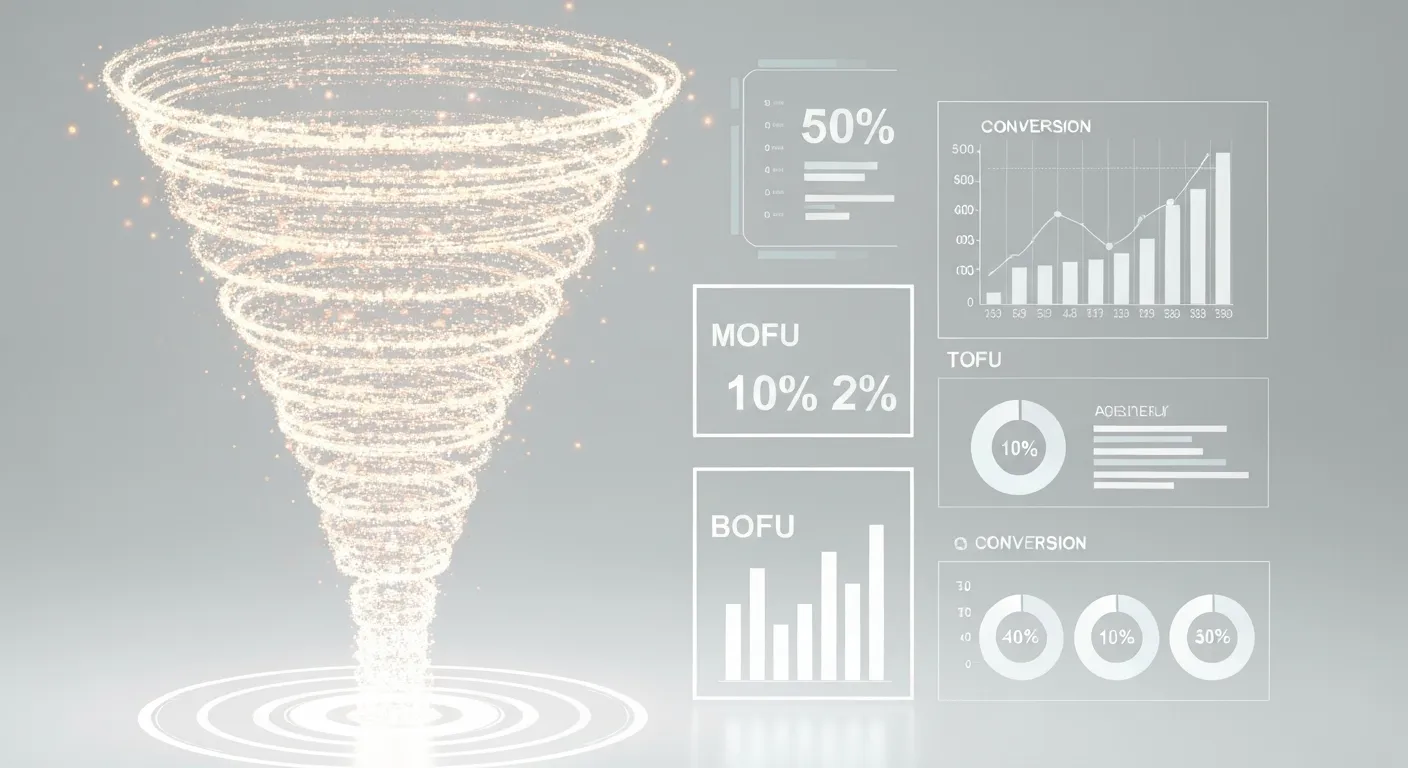 Abstrakcyjna wizualizacja danych analitycznych lejka sprzedażowego. Ukazuje świetlisty lejek z danymi, wykresami i procentami konwersji na każdym etapie, symbolizując optymalizację i przewidywalność sprzedaży.