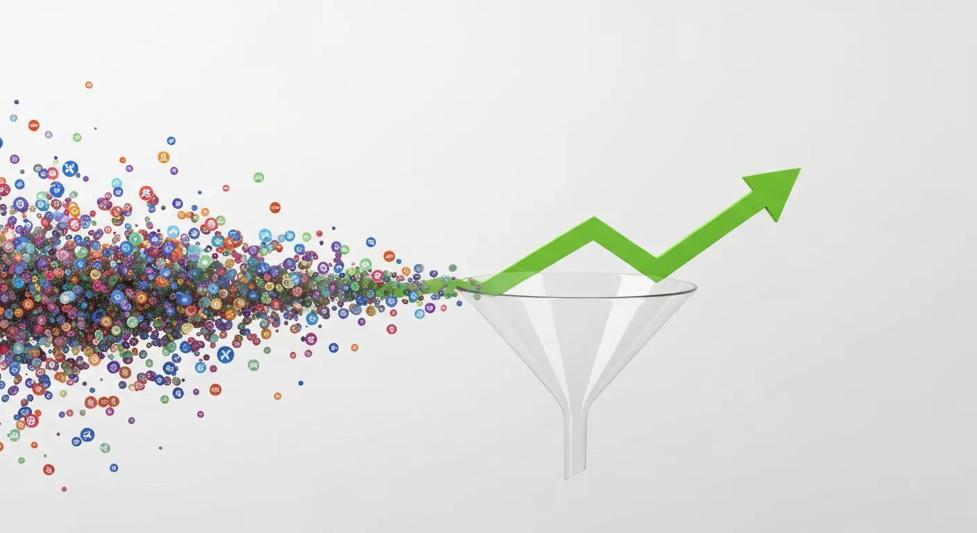 An abstract visualization showing how analyzing event data leads to business growth. On the left, there are scattered, chaotic data points, which then flow into a funnel in the center and emerge on the right as a clean, simple, upward-trending green bar chart, symbolizing optimization and positive results.