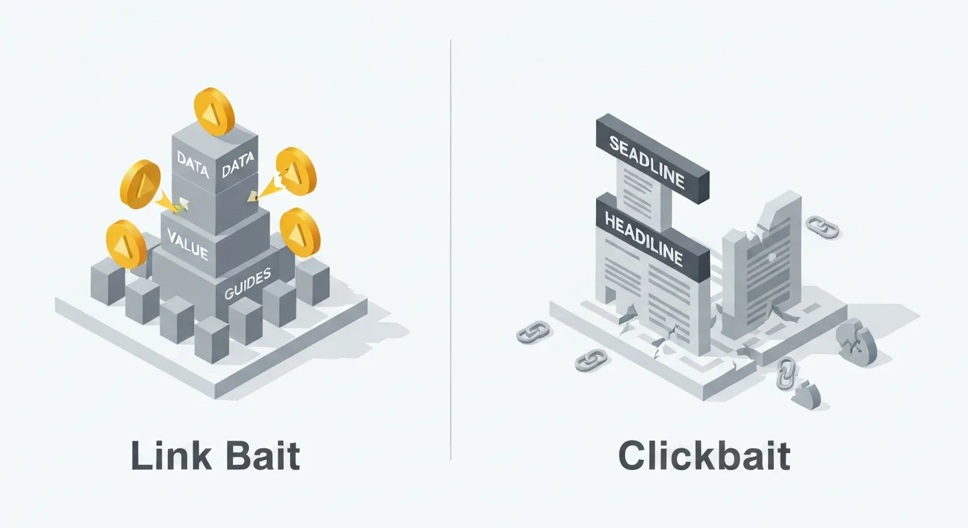 Ilustracja izometryczna porównująca link bait z clickbaitem. Po lewej stronie solidna, godna zaufania budowla z napisem 'Link Bait' przyciąga złote linki. Po prawej, tandetna, rozpadająca się pułapka na myszy z napisem 'Clickbait', która prowadzi donikąd, co obrazuje różnicę w budowaniu autorytetu.