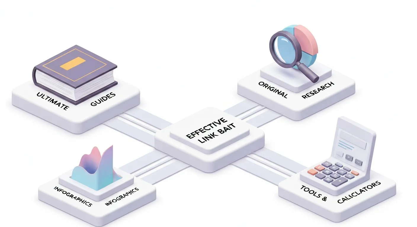 Wizualizacja różnych rodzajów skutecznego link baitingu. Centralny element z napisem 'Strategia Link Bait' ma odgałęzienia prowadzące do ikon symbolizujących: kompleksowe poradniki (książka), oryginalne badania (wykres), infografiki (diagram) oraz interaktywne narzędzia (kalkulator).