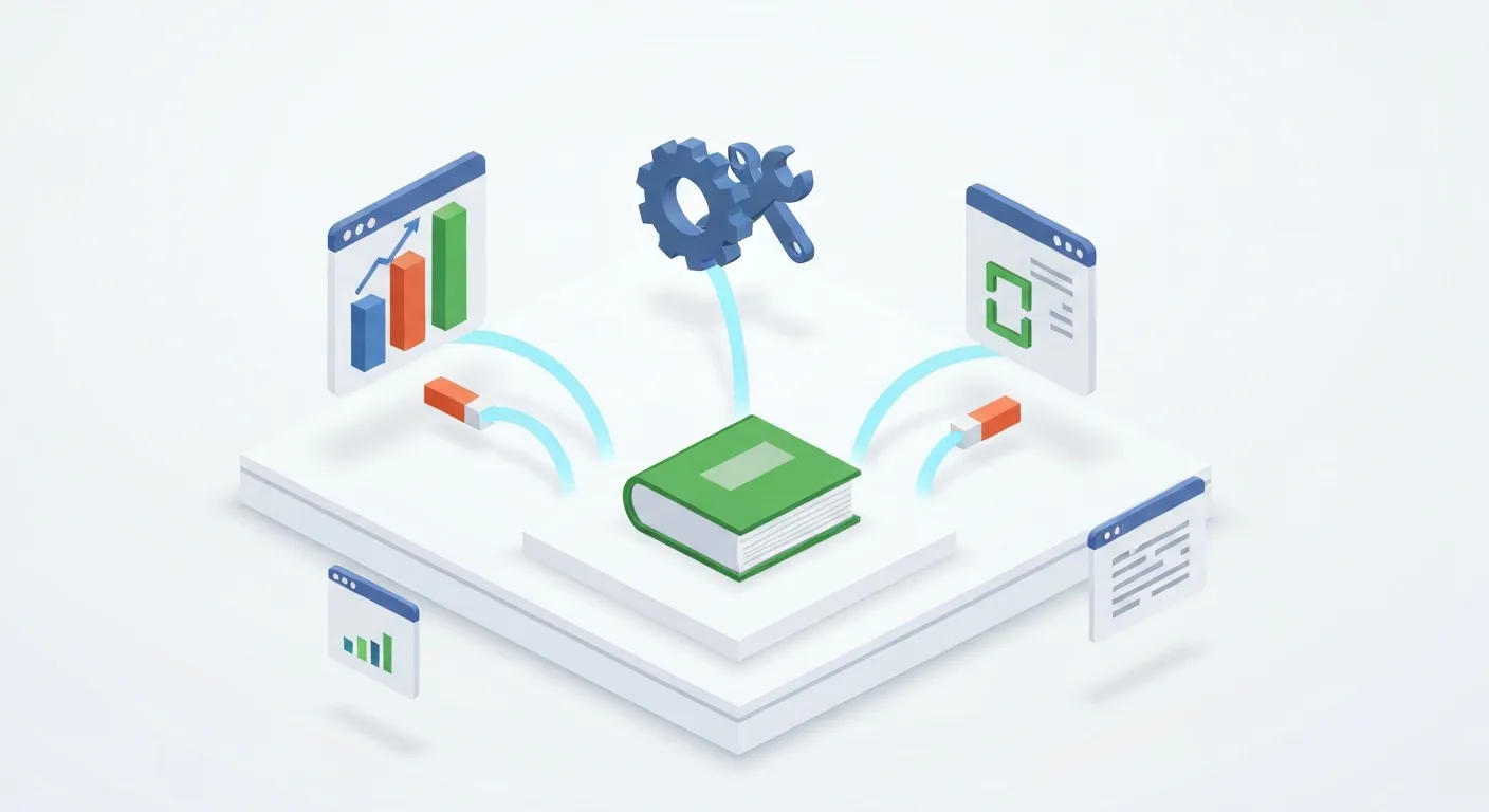 Izometryczna ilustracja pokazująca 'linkable assets' - wartościowe zasoby przyciągające linki. Widoczne są ikony symbolizujące raport danych, darmowe narzędzie, poradnik i infografikę, które działają jak magnesy, przyciągając połączenia (linki) z innych stron.