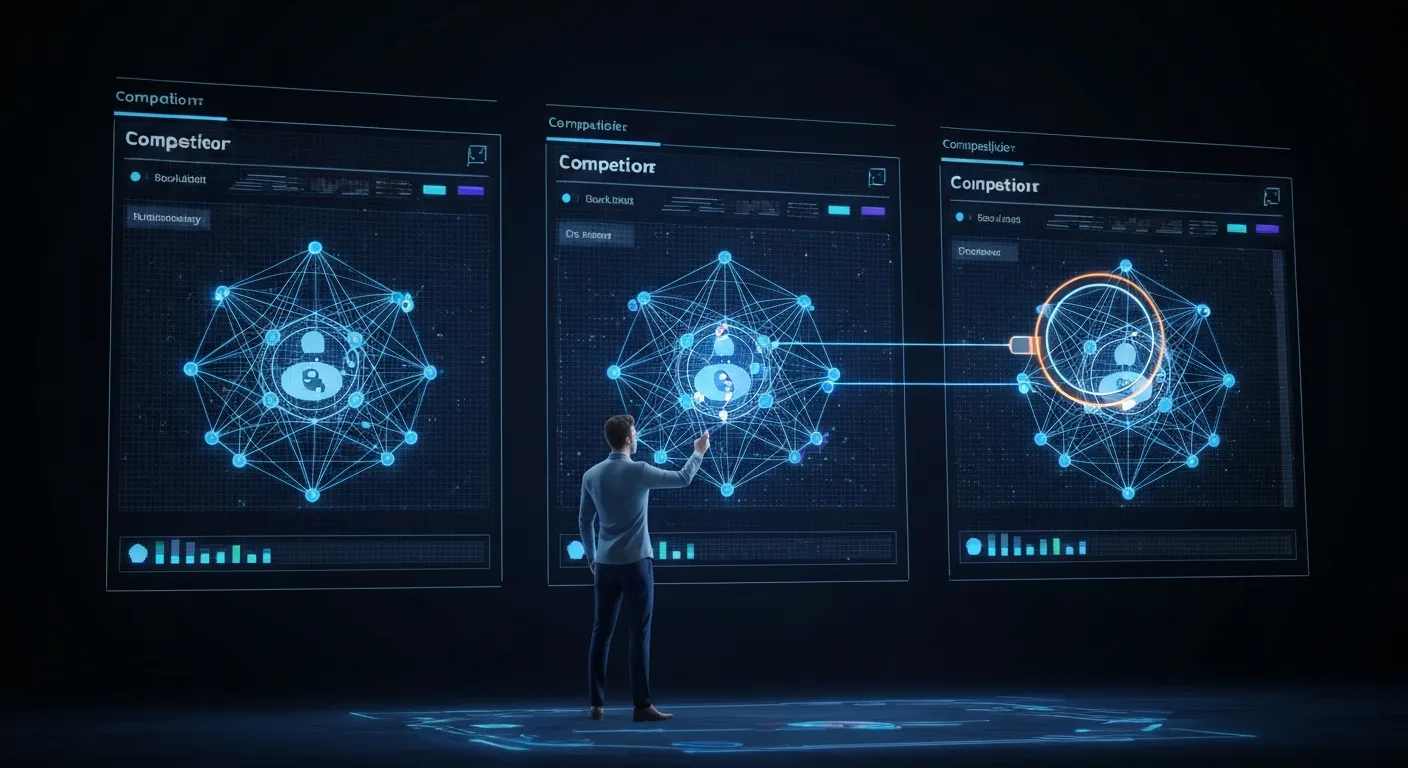 Ilustracja przedstawiająca analizę profilu linków konkurencji. Analityk SEO przy futurystycznym pulpicie nawigacyjnym bada siatkę połączeń prowadzącą do stron konkurentów, używając cyfrowego szkła powiększającego, aby zidentyfikować okazje do zdobycia linku.