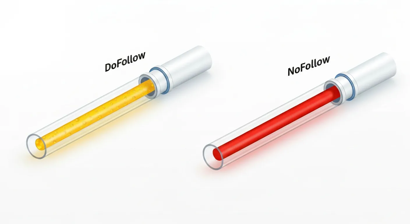 Graficzne porównanie linku dofollow i nofollow. Po lewej stronie, świecący strumień 'soku z linków' swobodnie przepływa z jednej strony na drugą przez otwarty kanał oznaczony 'dofollow'. Po prawej, ten sam strumień jest blokowany przez barierę z napisem 'nofollow'.
