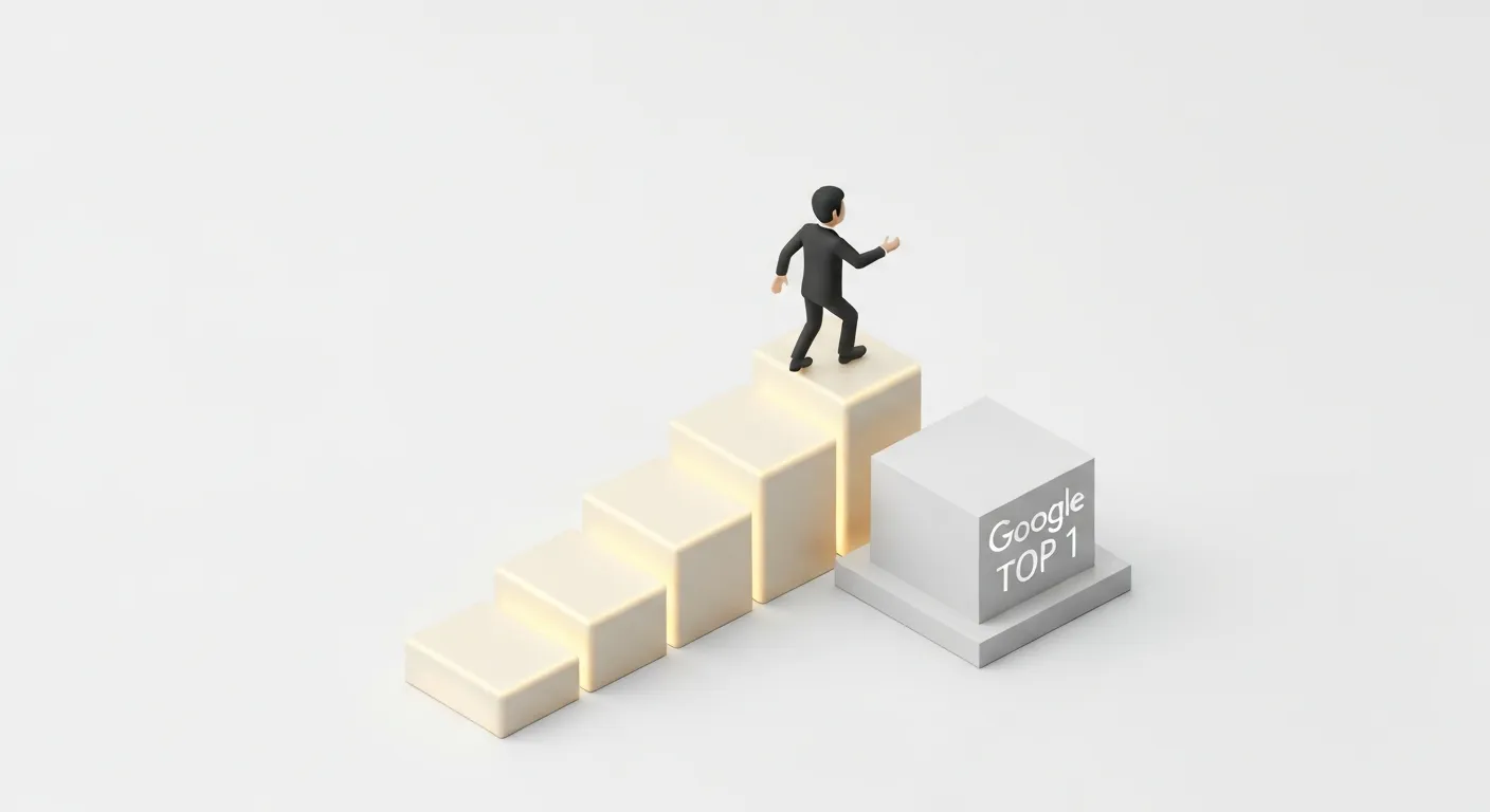 Ilustracja pokazująca, jak linki dofollow budują pozycję w rankingu. Postać wspina się po schodach prowadzących na podium z napisem 'TOP SEO', gdzie każdy stopień jest solidnym blokiem z etykietą 'Link Dofollow'.