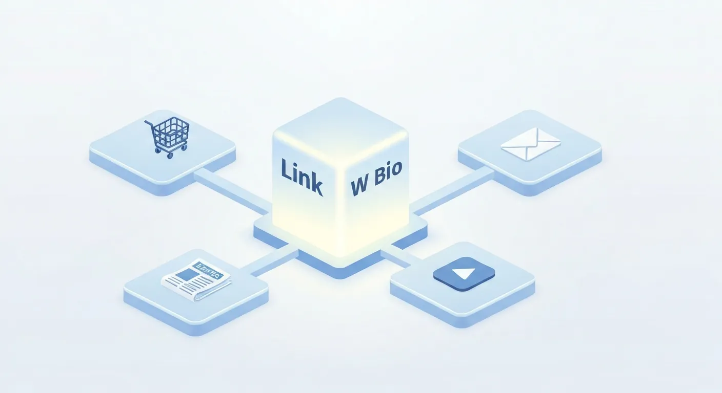 An isometric illustration showing a single, central block labeled 'Link w Bio'. From this block, multiple clear, organized pathways branch out to different destination icons: a shopping cart for an e-commerce store, a document for a blog, a play button for a video channel, and an envelope for a newsletter. This visualizes how a single link can lead to multiple marketing channels.