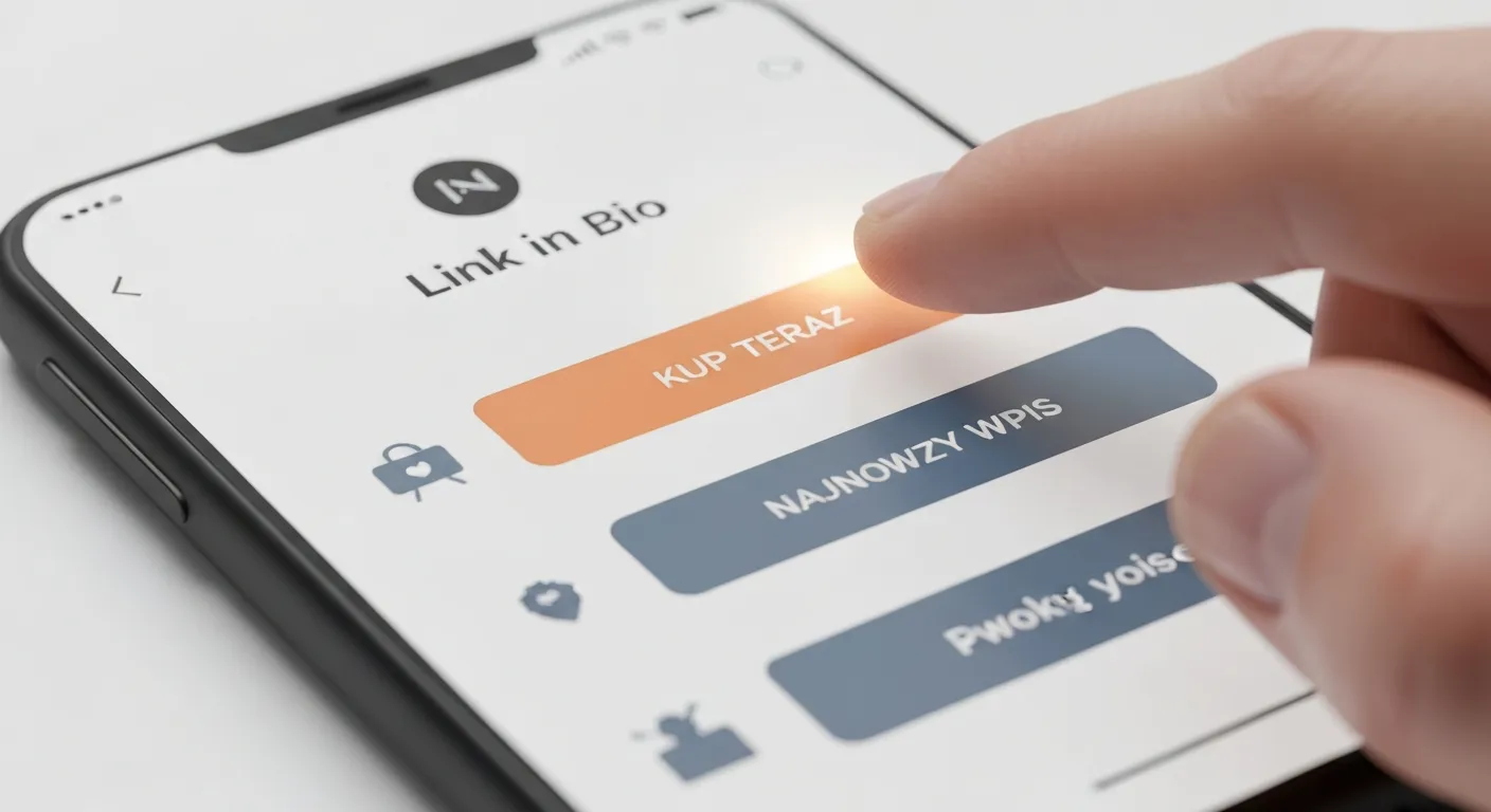 A close-up of a mobile phone screen displaying a beautifully designed 'link in bio' landing page. The page is visually consistent with a brand's colors and features several large, easy-to-tap buttons with clear labels like 'Nowa Kolekcja' and 'Czytaj na blogu'. The top button is highlighted to signify its priority. This image illustrates best practices for designing a link page.