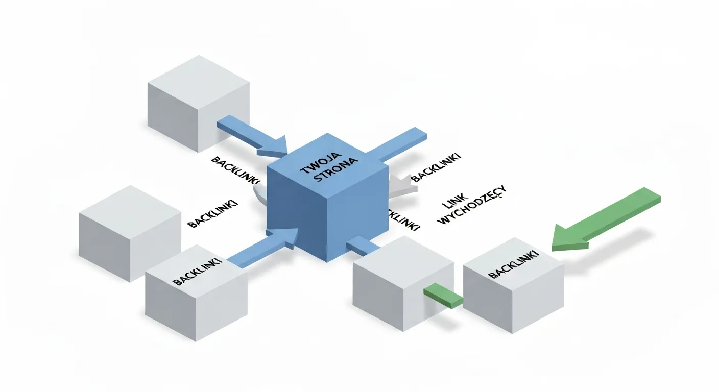 Diagram izometryczny wyjaśniający różnicę między linkami zewnętrznymi przychodzącymi (backlinkami), które wskazują na stronę, a linkami wychodzącymi, które prowadzą ze strony do innych witryn.