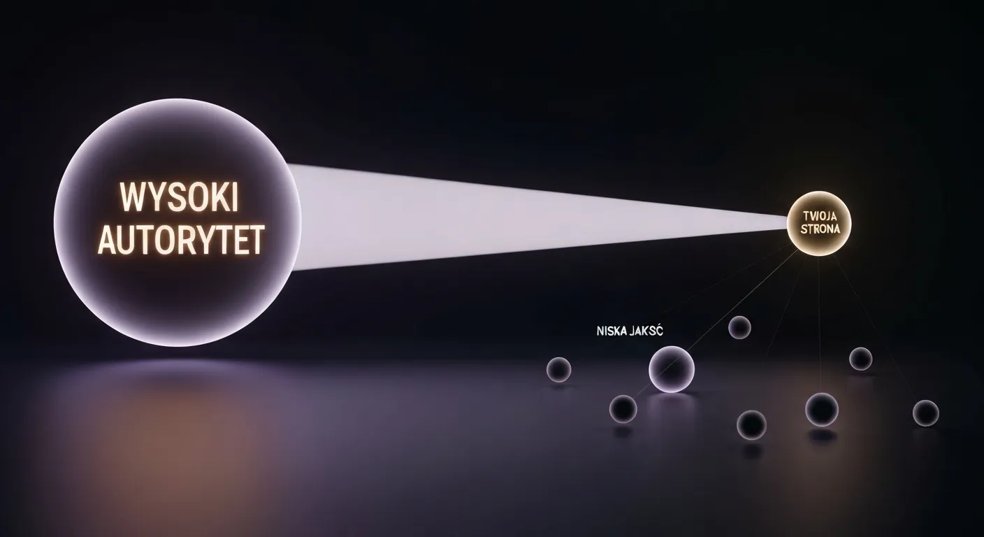 Wizualizacja koncepcji autorytetu w SEO. Duża, autorytatywna strona przekazuje 'moc SEO' za pomocą silnego linku do mniejszej witryny, co jest znacznie cenniejsze niż wiele słabych linków z witryn o niskiej jakości.