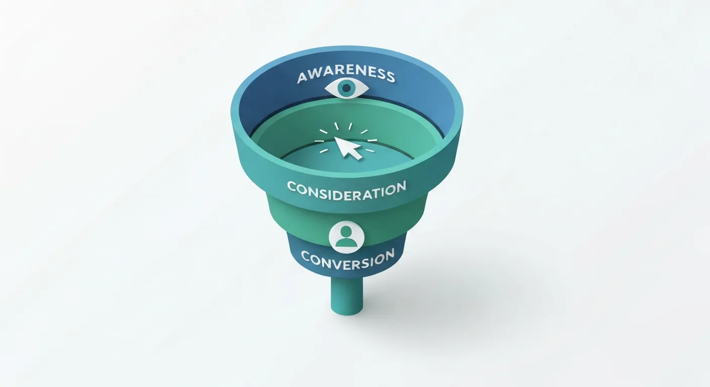 An isometric 3D illustration of a marketing funnel, clearly divided into three strategic stages: Awareness at the top, Consideration in the middle, and Conversion at the bottom. Each section has a relevant icon, representing the SMART goals of a LinkedIn Ads campaign.