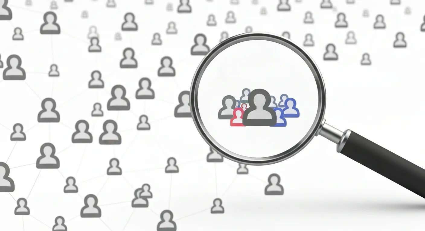 An abstract visualization of precise audience targeting. A large network of generic professional profiles is shown, with a focused magnifying glass highlighting a specific, detailed group, which represents finding the Ideal Customer Profile on LinkedIn.