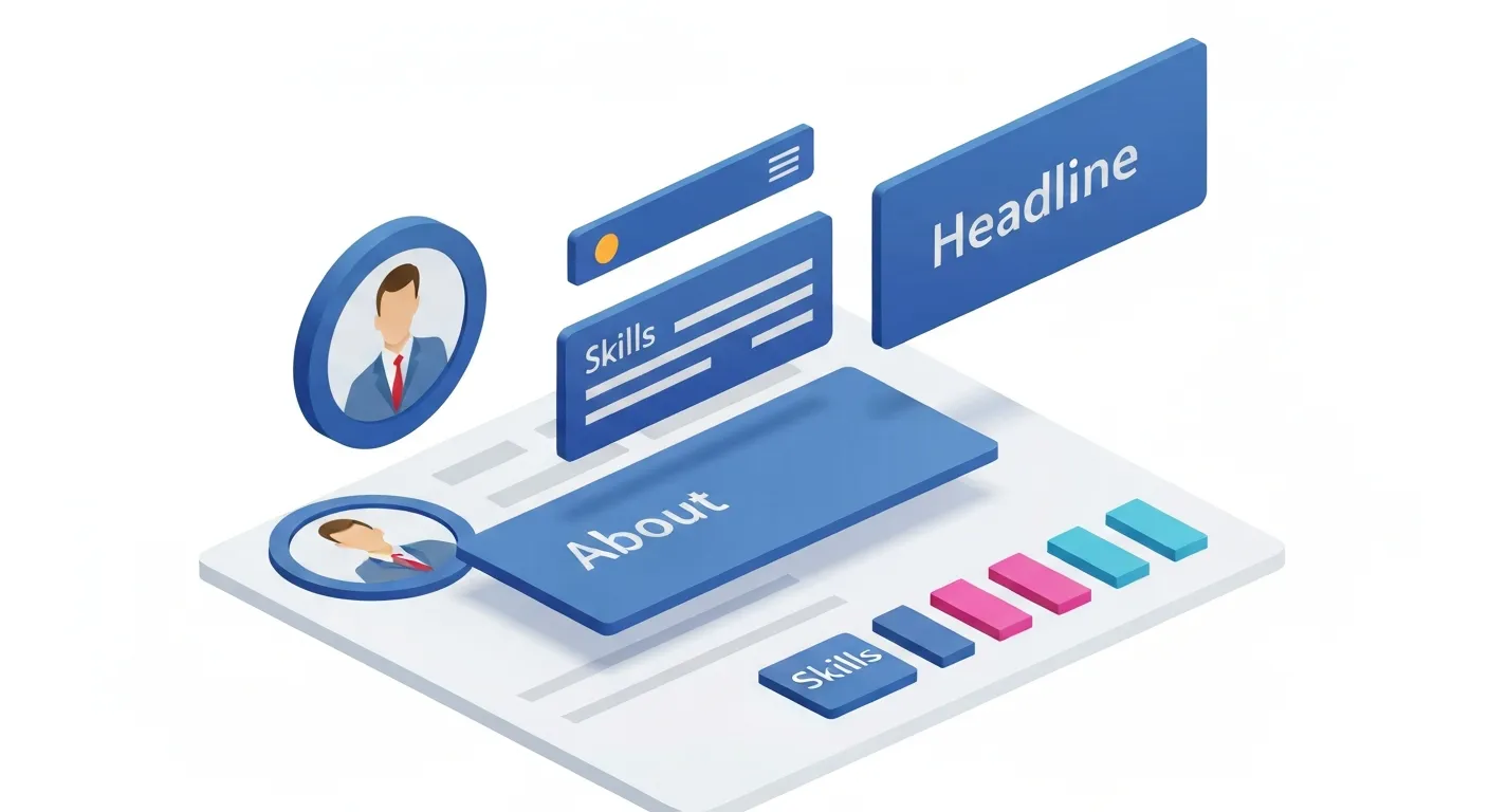 An isometric 3D illustration showing the components of a professional profile being assembled. Blocks representing a headshot, a headline, a summary section, and a skills graph fit together like puzzle pieces to form a complete, polished profile card on a clean white background.