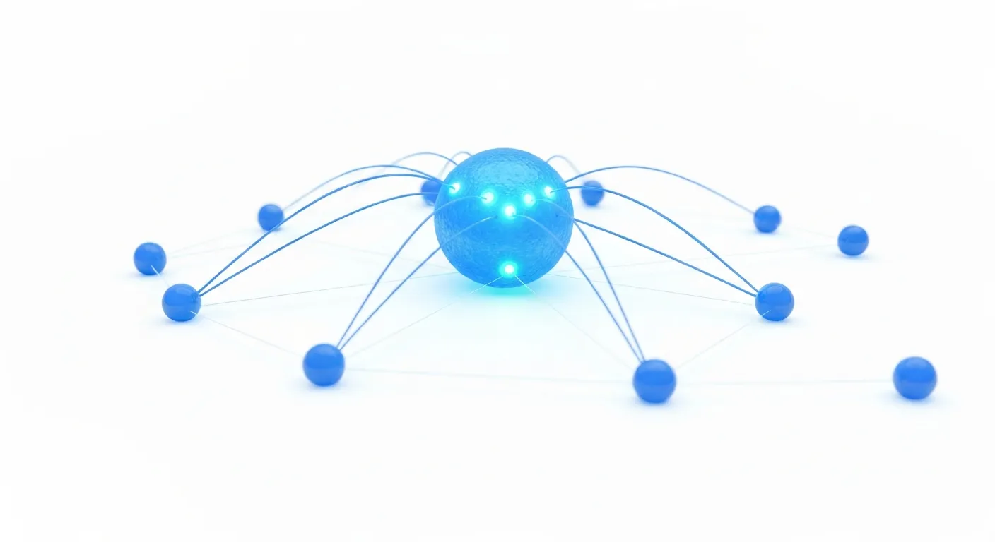 An abstract data visualization on a white background. A central glowing orb, representing a professional, sends out focused, organized beams of light. These beams connect precisely to specific, smaller orbs in a wider network, causing them to light up, illustrating strategic and high-quality networking.