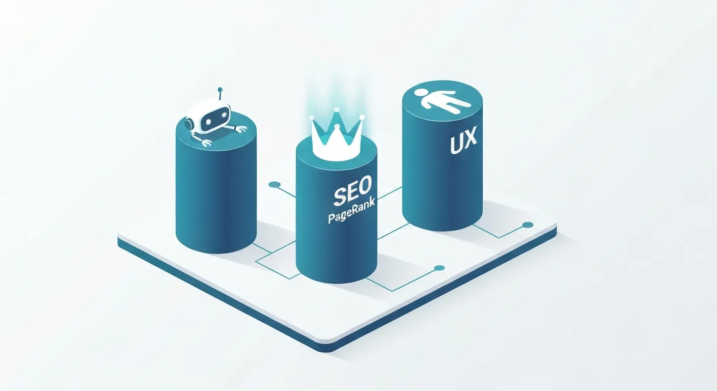 Ilustracja przedstawiająca trzy filary znaczenia linkowania wewnętrznego: robot wyszukiwarki symbolizujący nawigację dla crawlerów, korona oznaczająca dystrybucję autorytetu SEO (PageRank) oraz użytkownik na ścieżce reprezentujący poprawę doświadczenia (UX).