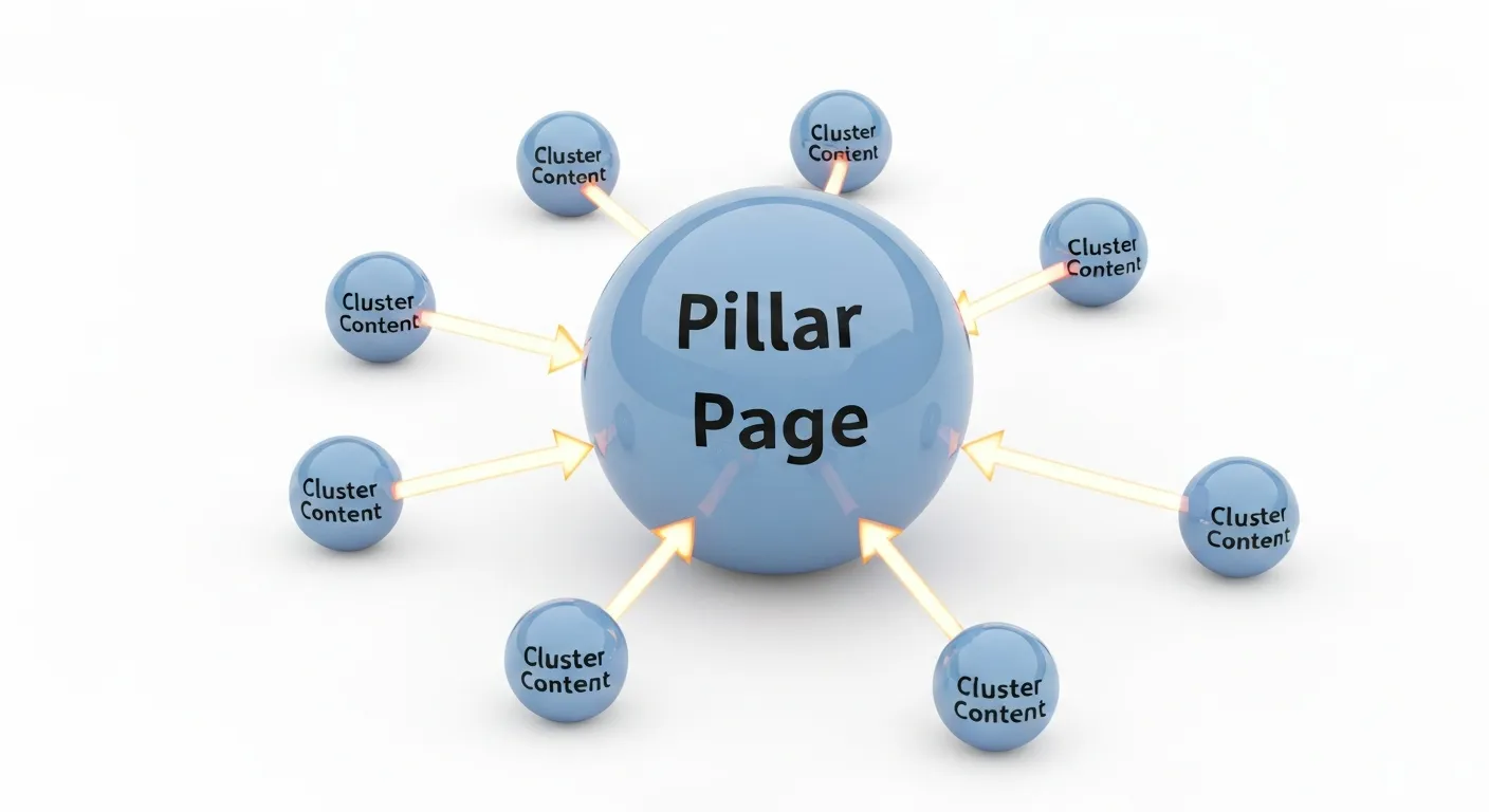 Diagram modelu klastrów tematycznych. W centrum znajduje się duży węzeł 'Strona Filarowa', połączony dwukierunkowymi linkami z mniejszymi węzłami 'Artykuły w Klastrze', co tworzy zorganizowaną, tematyczną sieć treści.
