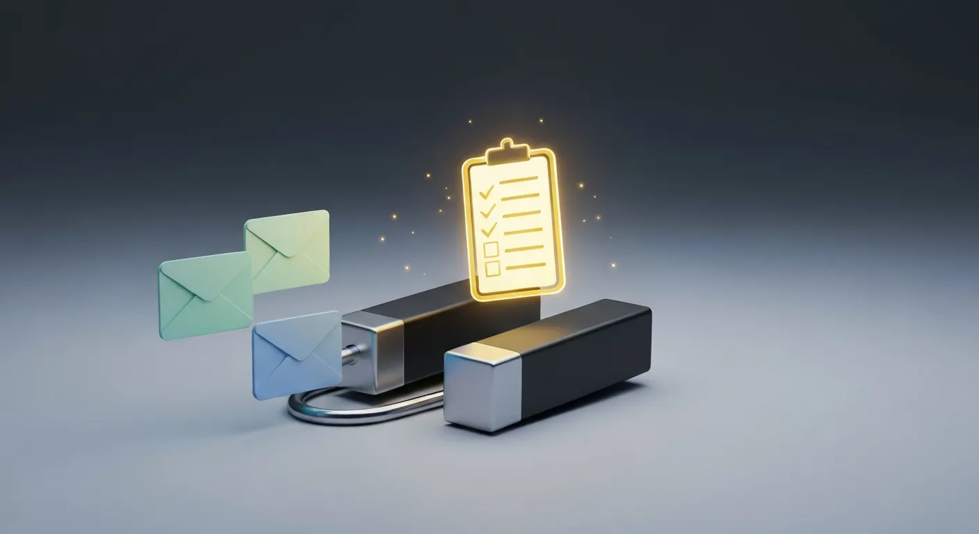 Koncepcja Lead Magnetu w marketingu. Duży, stylowy magnes przyciąga ikony kopert e-mail w zamian za wartościowy zasób, taki jak złota checklista lub klucz.