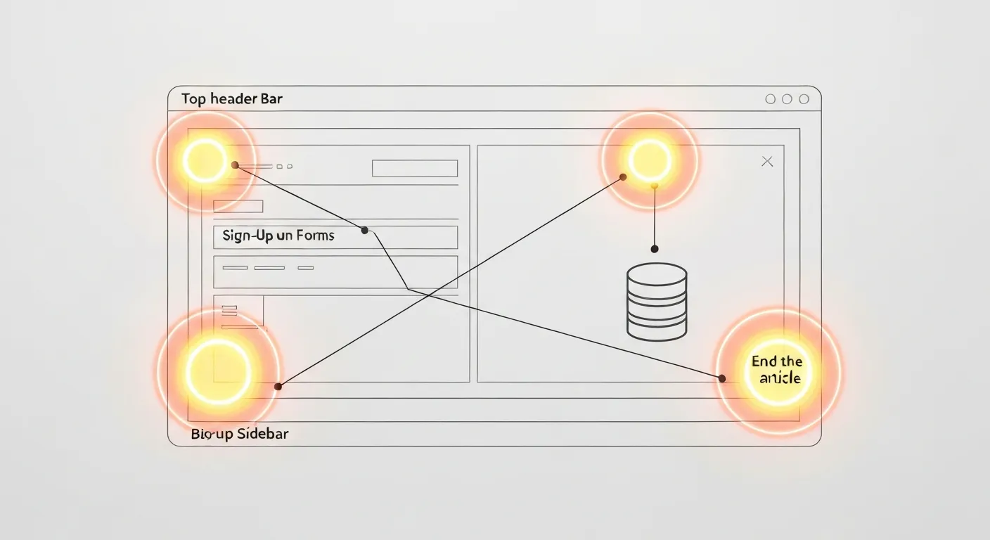Mapa strony internetowej pokazująca strategiczne miejsca do umieszczenia formularzy zapisu, takie jak nagłówek, treść artykułu i stopka, podświetlone dla maksymalnej widoczności.