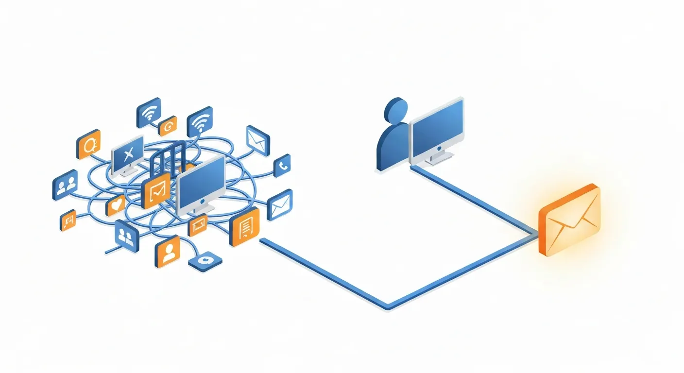 An isometric business illustration comparing the direct, controlled path of email marketing with the chaotic, algorithm-driven world of social media.