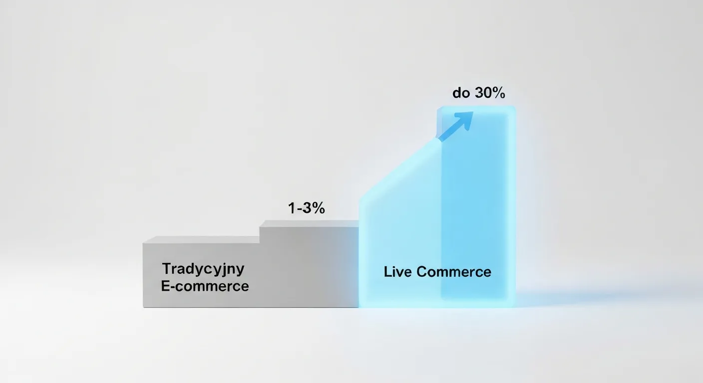 Wizualizacja danych pokazująca dramatyczny wzrost współczynnika konwersji w live commerce. Dwa słupki grafu: niski, szary symbolizujący tradycyjny e-commerce (1-3%) i bardzo wysoki, świetlisty niebieski dla live commerce (do 30%), co jasno ilustruje jego przewagę.