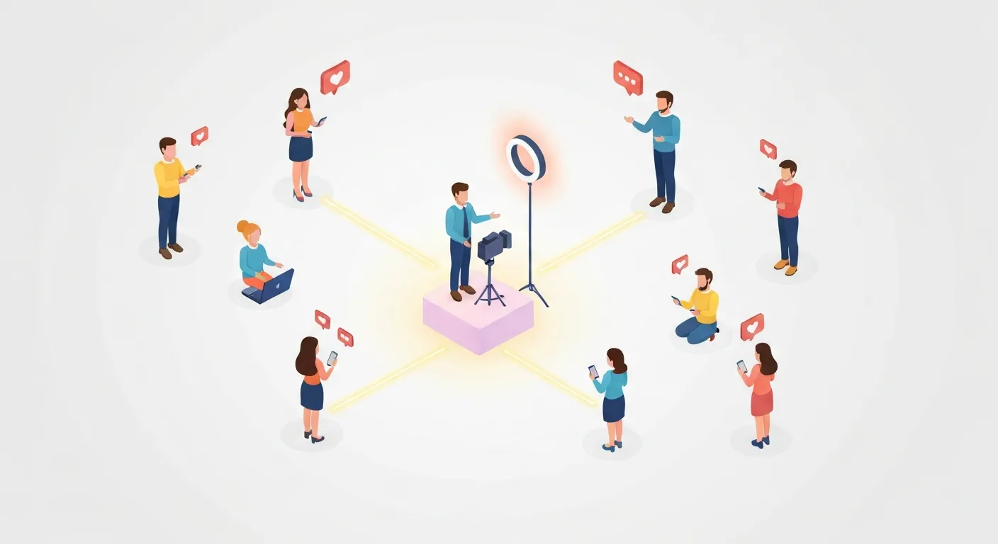 Ilustracja w stylu izometrycznym pokazująca budowanie lojalnej społeczności wokół marki dzięki live commerce. W centrum znajduje się prezenter prowadzący transmisję, połączony cyfrowymi liniami z siecią zaangażowanych, uśmiechniętych klientów oglądających go na swoich urządzeniach.